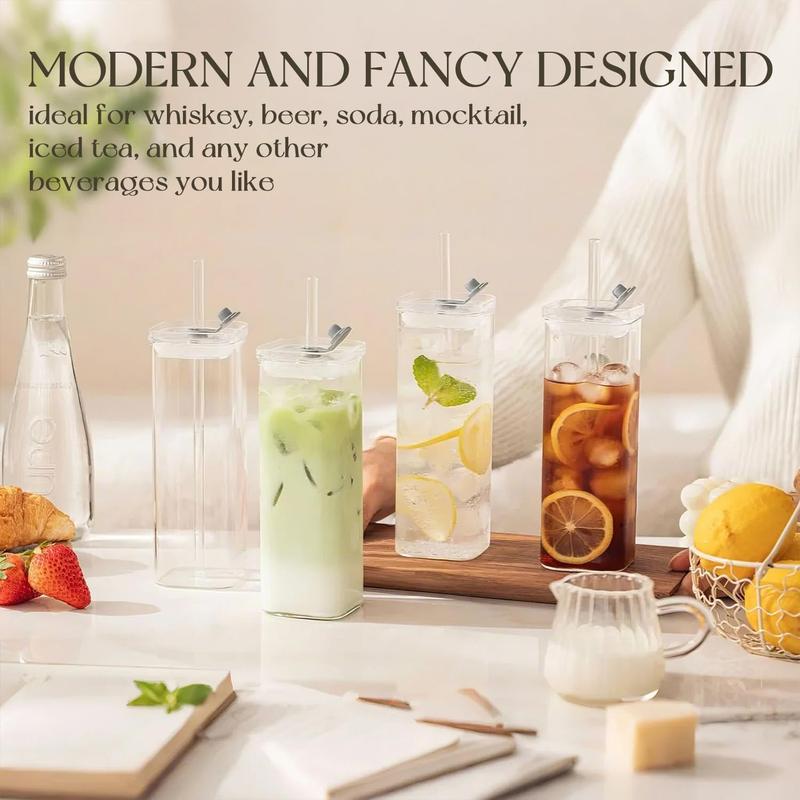 8 Sets Glass Cups with Lids & Straws, Square Ribbed Drinking Glasses with Lids, Clear Highball Tumblers for Cocktail, Coffee, Juice, Beer, Modern Mixed Drinkware Jars