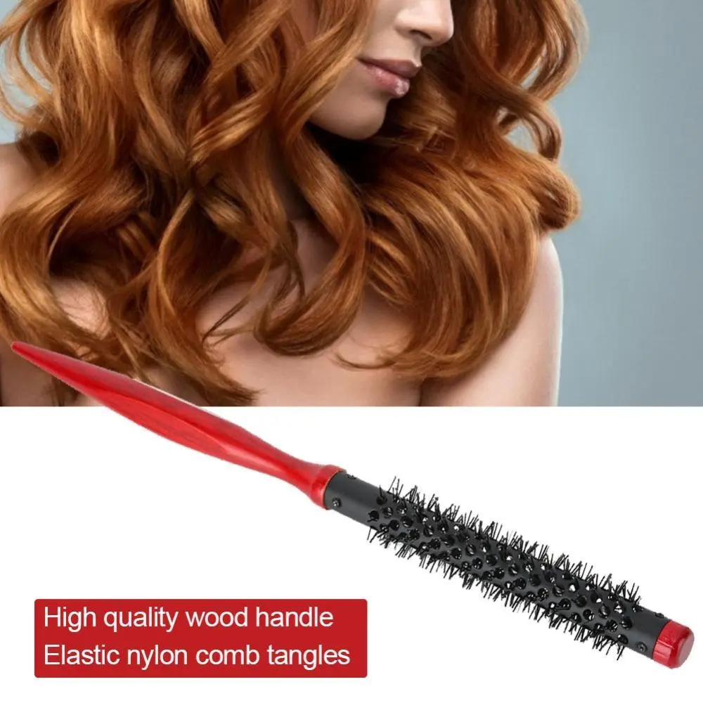 Wooden Handle Roller Comb Nylon Bristles Pointed Tip Hair Styling Comb Aluminum Tube Heat Resistant Hair Styling Brush Salon Use
