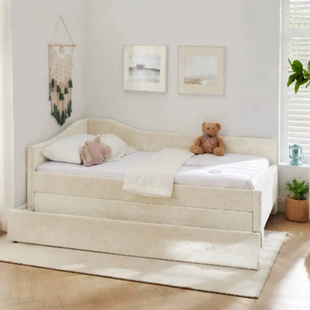 Twin Size Daybed with Pull-Out Trundle, Curved Round Edge Padded Backrest, Vintage Nailhead Trim, Chenille Upholstery, Beige, Built-In USB Port, Space-Saving 2-in-1 Sofa Bed for Bedroom Guest Room, Twin Size Options, Beige Color Options