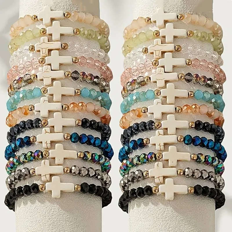 12/24pcs Bohemian Colorful Faux Artificial Crystal Beaded Bracelet Set with Turquoise Cross Pendant, Suitable for Festive Gifting And Casual Attire