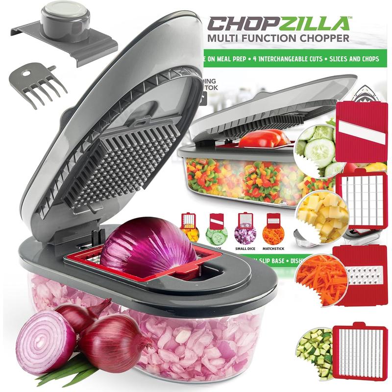 Chopzilla All-in-1 Vegetable Chopper & Mandoline Slicer with Container, 4 Blades & Scraper – Sharp Veggie Cutter, Salad Dicer & Food Chopper