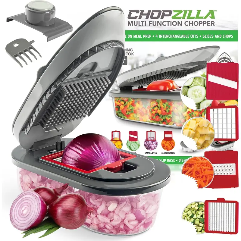 Chopzilla All-in-1 Vegetable Chopper & Mandoline Slicer with Container, 4 Blades & Scraper – Sharp Veggie Cutter, Salad Dicer & Food Chopper