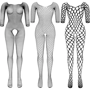 3 Packs Women Fishnet Bodysuits Mesh BodyStocking Fishnet Lingerie Long Sleeve Bodysuits One Piece Jumpsuit