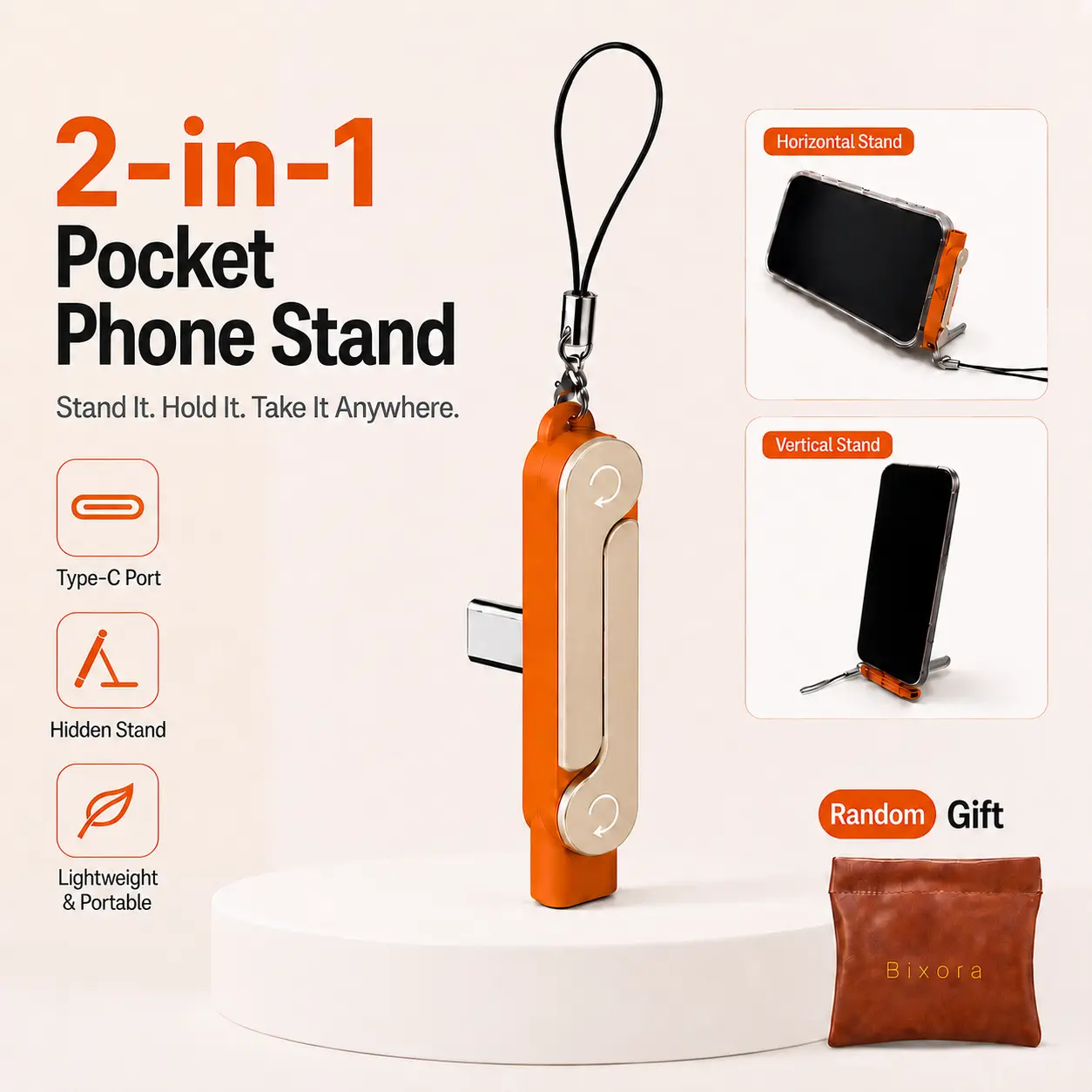 240W PD Fast Charging Type-C Adapter With Built-in Foldable Phone Stand Portable Zinc Alloy USB C Converter Travel Pocket Charger Gift For Men Women Holder Cellphone Smartphone