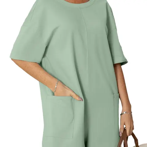 BerryGo Women's Soft Rib Cotton Coveralls - S Size, V-Back, Scoop Neck, Backless, Oversized Chic Cute Summer Jumpsuit with Loose Above-the-Knee Shorts, Side Pockets, True-to-Size Fit for Casual Workouts