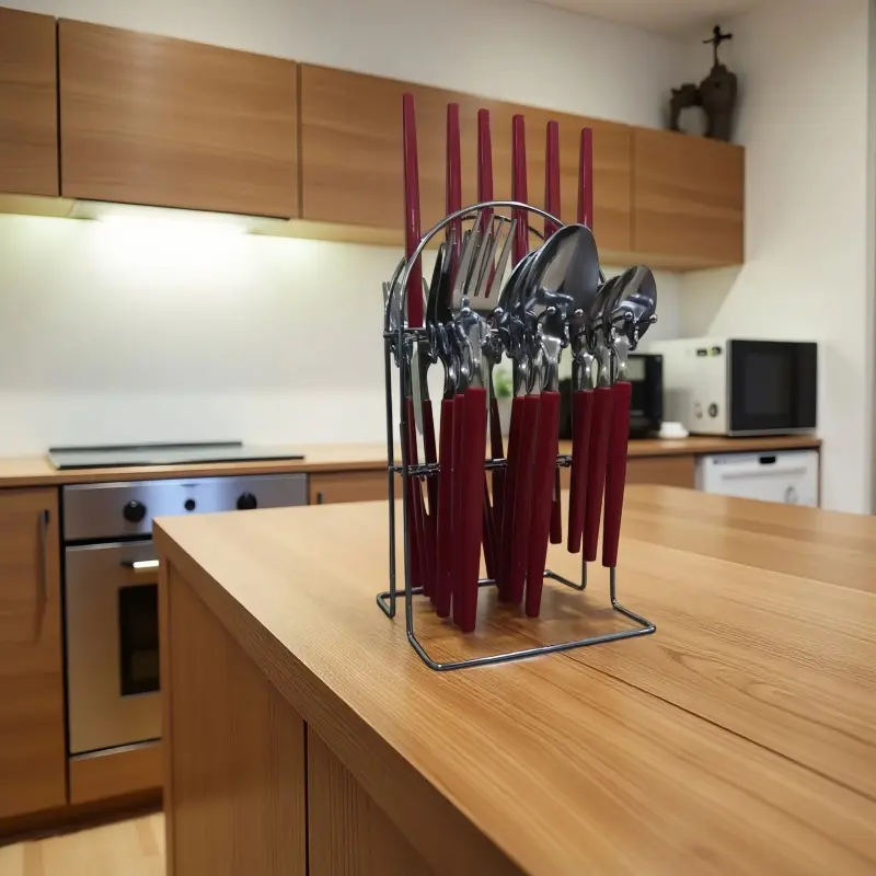 Stainless steel knife, fork, spoon, square handle Western tableware 24 piece set storage rack ins style creative home steak knife, fork, spoon Cutlery Organiser