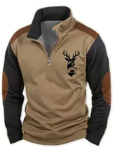 Men's Fashion Casual Colorblock Deer Head Print Half-Zip Hoodie, Warm Textile, Outdoor Wear, Daily Activities, Trendy Men's Sweatshirt, Athletic Sweatshirt
