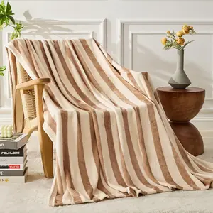 Striped Flannel Throw Blanket - Soft Cozy Striped Blanket for Couch, Sofa, or Bed - 50"x60", Khaki, All Season Use
