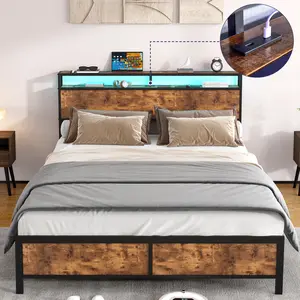 Modern Industrial Bed Frame with LED Lights,2-Tier Storage Headboard with Charging Station,Industrial Metal Platform LED Bed Frame with Outlets and USB Ports,Noise Free,No Box Spring Needed… Sturdy Legs Durable Multicolor