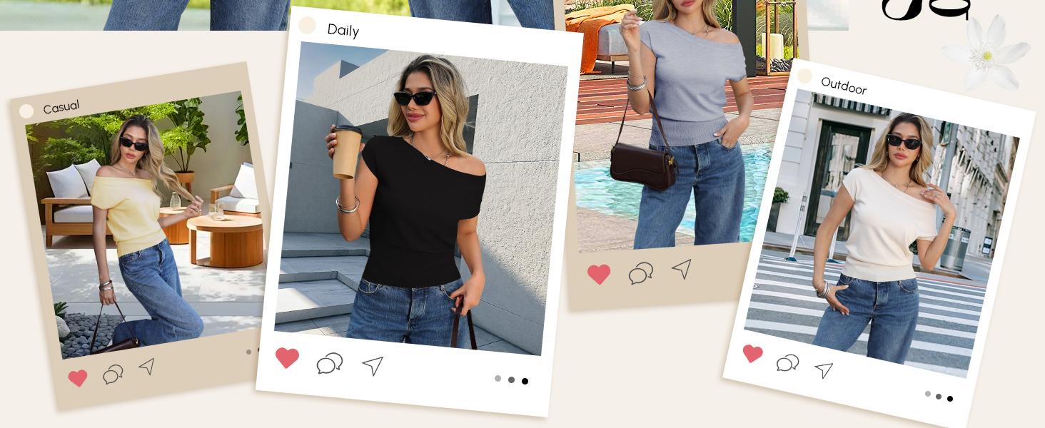 Womens Off The Shoulder Sweater Cinch Waist Going Out Tops Summer Knit Cap Sleeve Vacation Trendy Pullover