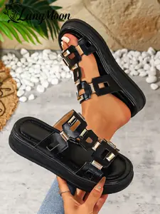 Langmoon 2026 Luxurious Hollow Out Thick Sole Sandals, Soft PU Leather, Metal Buckle, Breathable Anti-Slip Casual Shoes