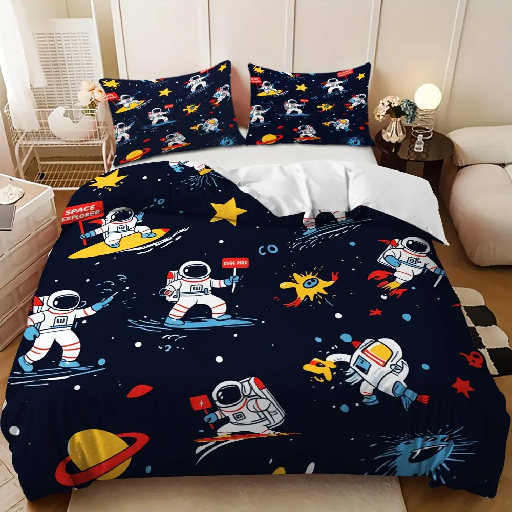 Comfy Bedding Set - 3PCS Deep Blue Astronaut Space Element Design Down Comforter Set (1 comforter cover + 2 pillowcases, filling not included) suitable for family bedrooms and guest rooms