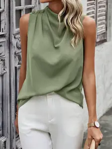 Women's Summer Stand Collar Pleated Solid Color Button Decor Loose Casual Sleeveless Blouses Shirt, Stylish and Comfortable Fashion Top