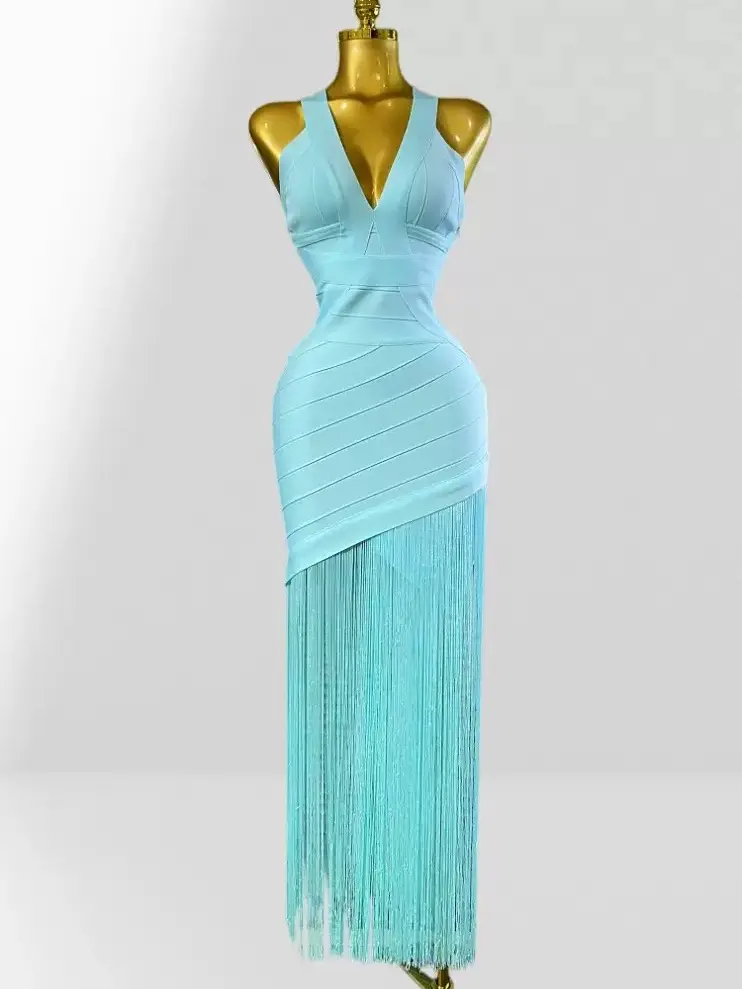 Women Sleeveless Sexy v-neck Tassel Bodycon Bandage Dress Celebrity Elegant Evening Party High Quality Dress