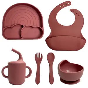 6pcs Silicone Baby Feeding Set Rainbow Suction Plate Spoon Fork Bowl Water Cup Bib Durable Easy Clean Weaning Supplies for Infants Toddlers and Youngsters Playful Design Easyclean Material