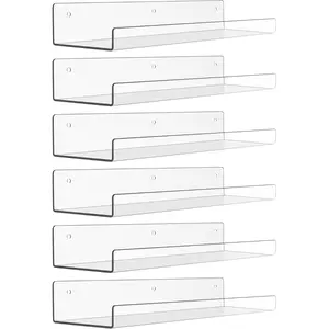 6 Pack Acrylic Shelves for Wall Storage, 15" x 4“ Floating Bookshelves for Kids, Display Shelf Organizer for Bathroom, Bedroom, Living Room, Kitchen, Room Decor, Clear