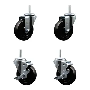 212 MAIN Service Caster SCC-TS20S414-HRS-58212-2-TLB-2 Hard Rubber Swivel Threaded Stem Caster with 4x1.25 in. Black Lockable Wheels, 0.63 in. Stems - Set of 4