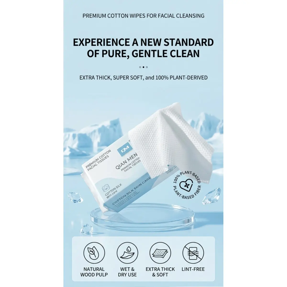 Nexapick Premium Disposable Cotton Facial Tissue Pack - 100% Plant-Derived Fiber Natural Wood Pulp, Extra Thick, Lint-Free Clean, Gentle Cleansing, Wet/Dry Use, Large Size, Durable, for Sensitive Skin Acne Care