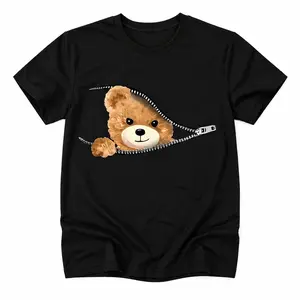 Women's Cute Teddy Bear Graphic T-Shirt - Casual Black Polyester Tee with Zipper Detail, Short Sleeves & Round Neckline, Machine Washable, Casual Wear | Playful Graphic Tee | Machine Washable Top