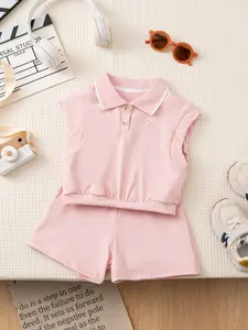 Toddler 2Pcs Sets Girls Summer Sleeveless Polo Shirt Shorts Set, Knitted Elastic Bow Embroidered Top Pants, Casual Fashion Fit for 3-8 Years