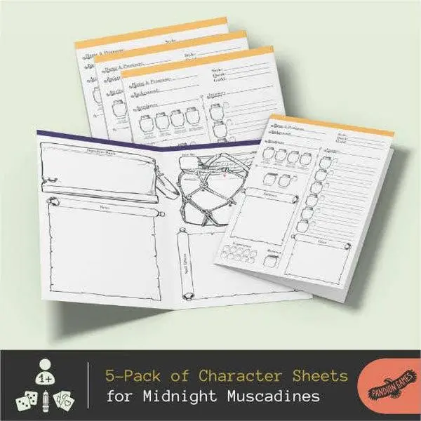 Midnight Muscadines Bifold Character Sheet Pack - Black Ink Pre-Printed Uncoated Writing Paper for TTRPG Fans (Balances Grand Adventure and Drama), Office Stationery Supplies