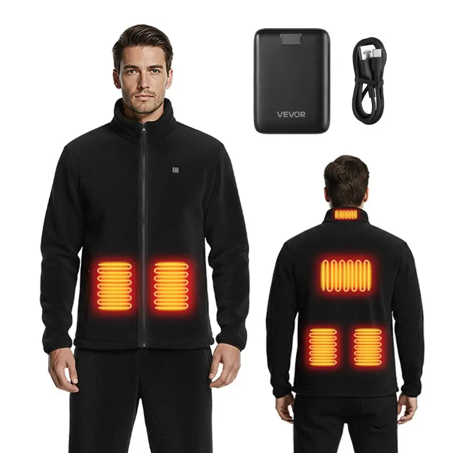 【Summerfinds】 Men's Heated Thermal Lined Fleece Coat - Long Sleeve, 7.4V 16000mAh Rechargeable Power Bank, 6 Heating Zones, 3 Temp Levels, 3h/6h/10h Warmth, for Winter Outdoor Camping, Black, Sdealsforyoudays