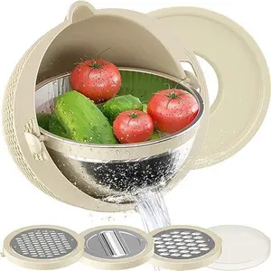 Stainless Steel Rotating Double Layer Vegetable Fruit Wash Basket with Grater Thick Inner Drain Basket BPA-free Dry Food Dispenser for Home Use Pantry Kitchen