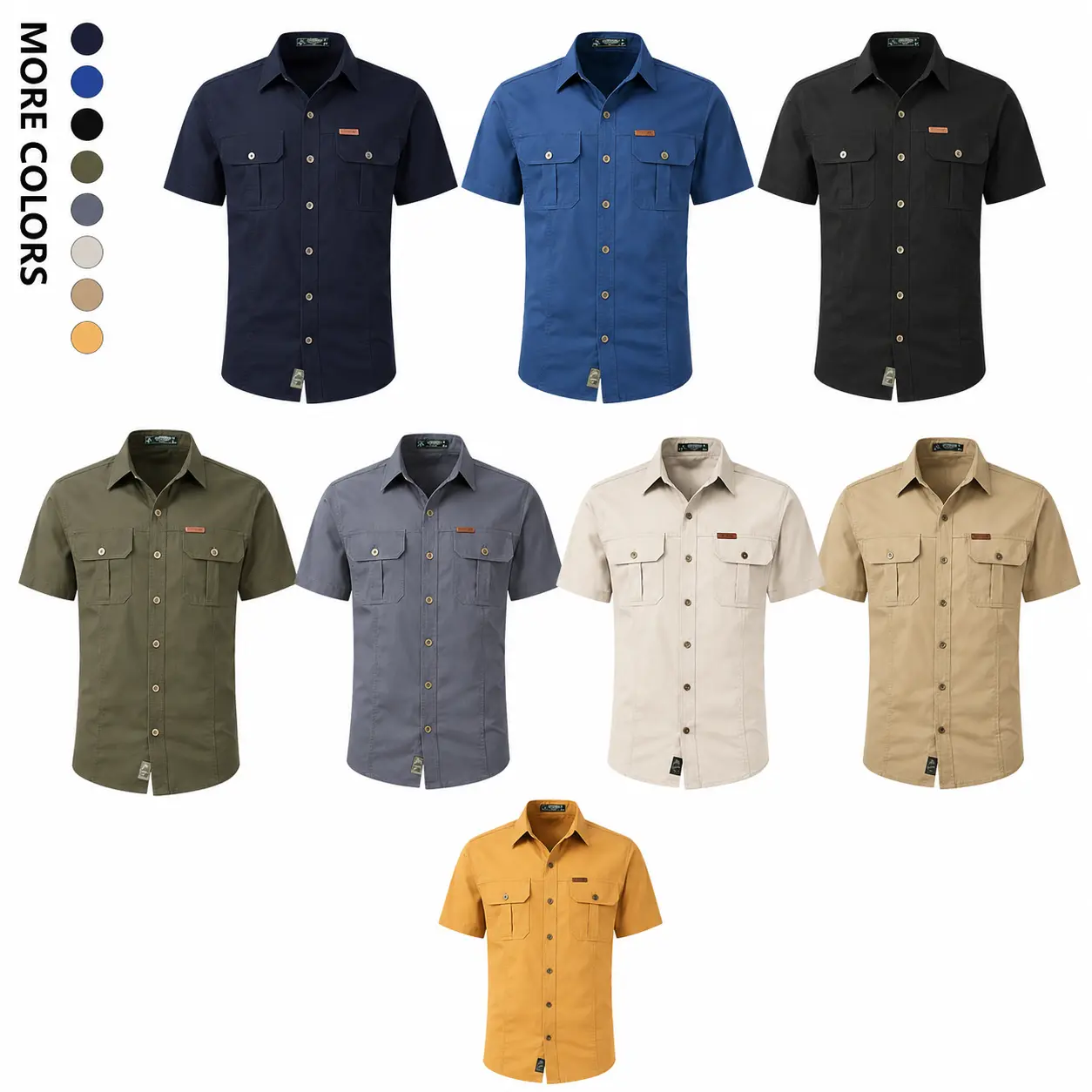 Men’s Stretch Twill Work Shirt - Multiple Pockets, Wrinkle-Resistant, Breathable Washed Cotton, Short Sleeves, Button Closure, Foldable, 8 Solid-Color Options - Practical for Gardening, Bar Service, Cold Wash, Do Not Bleach, Double-Layer Flap Chest Pocket