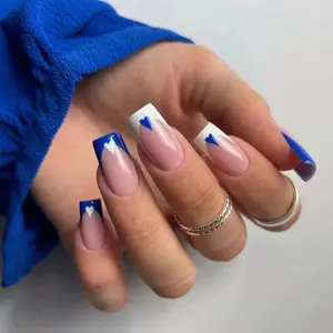 24pcs Blue White Color Block Press On Nails Fresh Brightening Square Fake Nails European Fashion INS Style Nail Wholesale, Nail Press On Nails