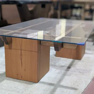 Reclaimed Fir Beams/Walnut and Glass Coffee Table - Natural Wood Finish, Glass Top, Elegant Design