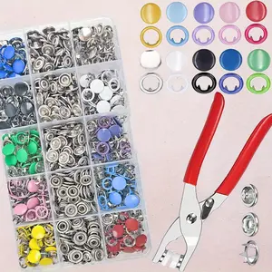 200 Sets with Pressure Pliers & Clear Storage Box,DIY Snap Fastener Tool Kit, 9.5mm Hollow and Solid Metal Snap Buttons with Manual Copper Punching Set - Easy-to-Use Metal Buttons for Clothing and Faux Leather Crafting, Assorted Color