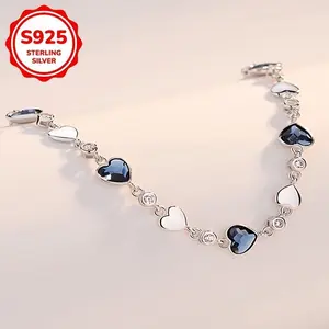 1pcElegant925SterlingSilverHeartBraceletwithSyntheticZirconia,SimpleOceanHeartDesign,AugustBirthstone,DailyWear&Gift,6.4g