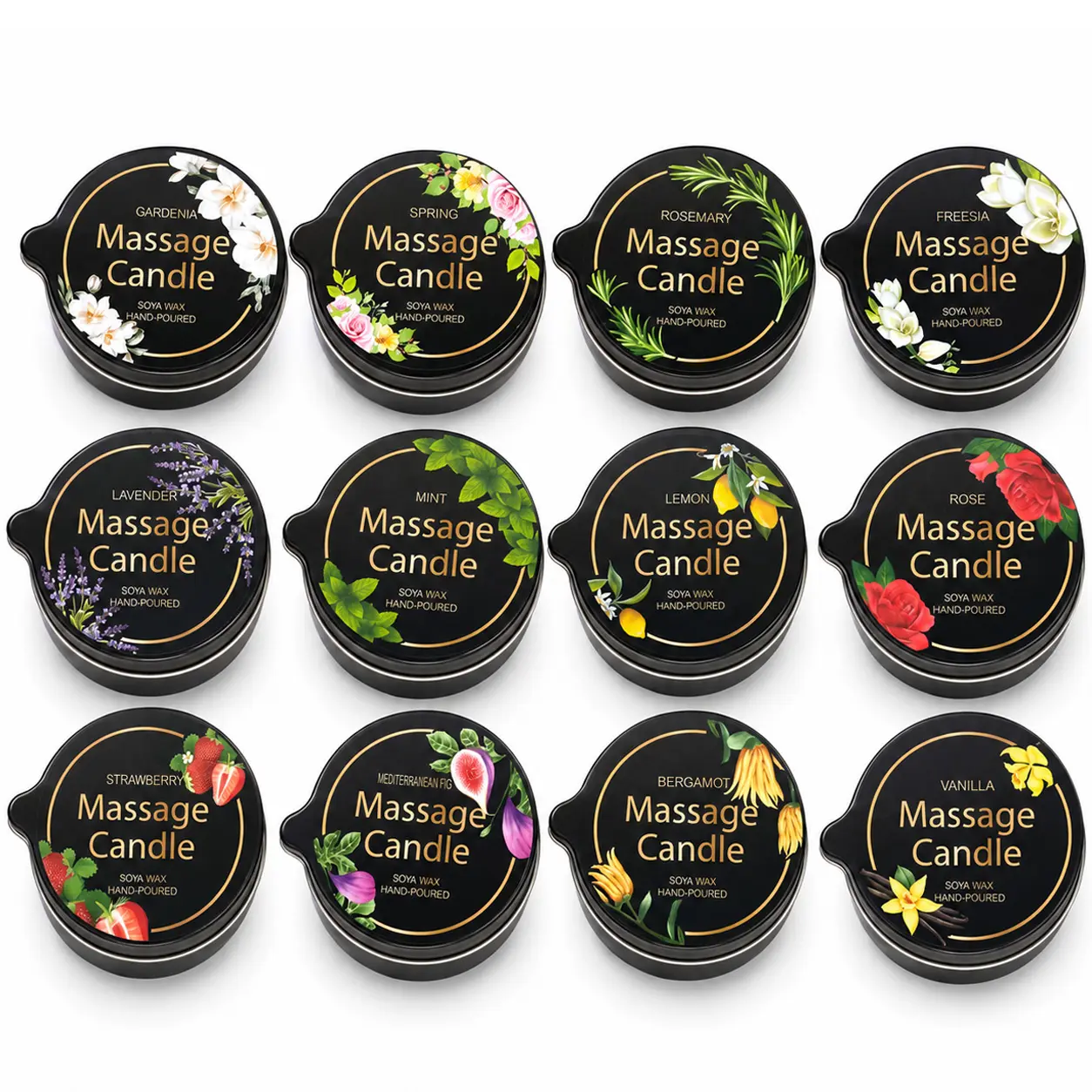 12 Pack Massage Candle Set, Scented Soy Wax Candles for Massage, Hand Poured Aromatherapy Candles with Lavender, Rose, Vanilla, Lemon, Mint, Rosemary & Freesia, Spa Relaxation Gift for Women Couples