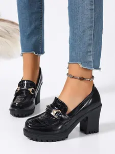 Women's Fashionable Solid Color Buckle Decorated Platform Shoes, Casual Comfortable Thick Heels Loafers Shoes for Daily Wear, Lightweight Breathable Shoes for Women & Girls