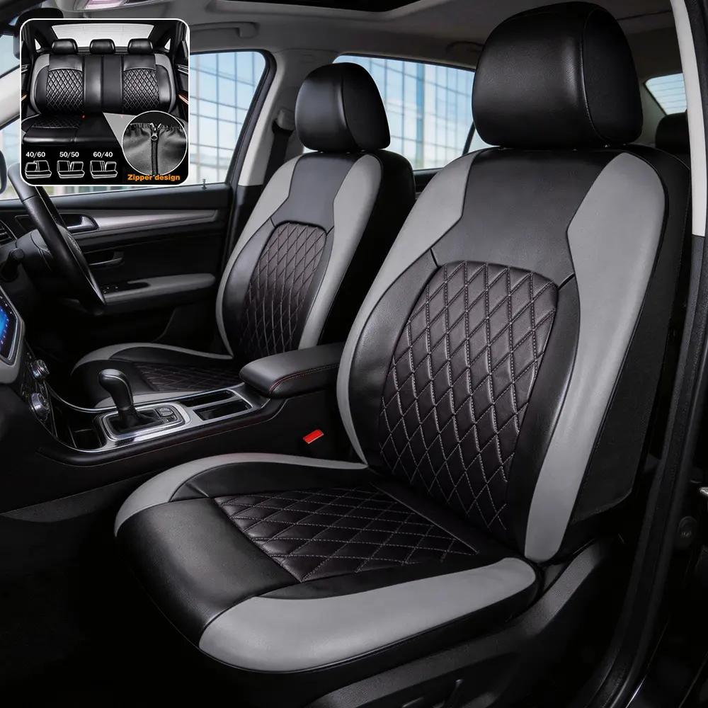Car Seat Covers Full Set 5 Seats – Gray & Black Diamond Quilted, PU Leather + Stretch Mesh, Breathable, Airbag Compatible, Universal Fit for Sedans SUVs Vans for Toyota Honda
