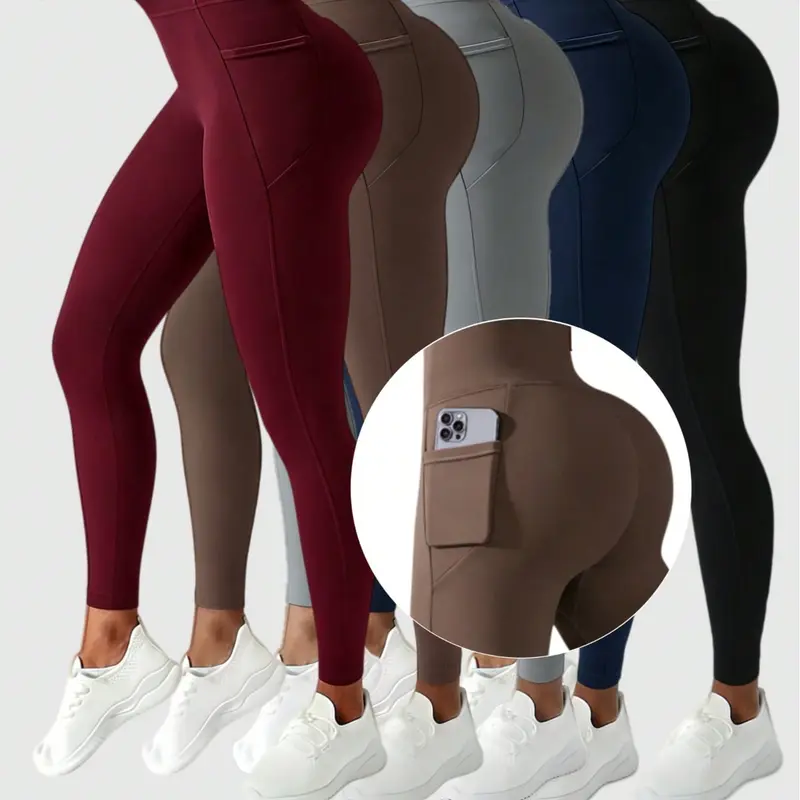 Women's 5PCS Solid Color High-Waist Leggings - Butt-Lifting, Highly Elastic Athleisure Wear, Female Gym Clothes, Fitness Yoga Pants, Gym Sportswear Bottoms for Running