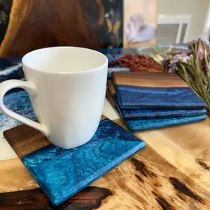 Handmade Epoxy Coasters - Pearlescent Blue & Turquoise Resin, Ocean-Inspired Set of 4 with Glossy Finish, 5.5” x 5.5”, Heat-Resistant, Durable Design