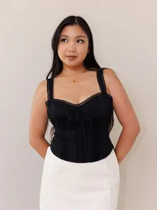 Fast Times Top - Black cute corset-style tank top with lace details, feminine style, stretchy fabric, zipper closure, comfy, easy-to-wear fit