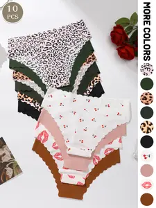 6/10 Pcs Women's Briefs, Lady, Sexy Leopard Print, Slim-Fit, Plain Colors, Ideal for Fall/winter, Valentine's Day, Halloween, Christmas