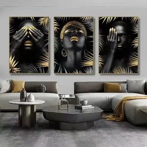 3pcs African Women and Black Gold Leaf Canvas Painting Modern Style Wall Art Poster Printing Living Room Home Decoration Unframed Wall Art Frameless Hanging Painting