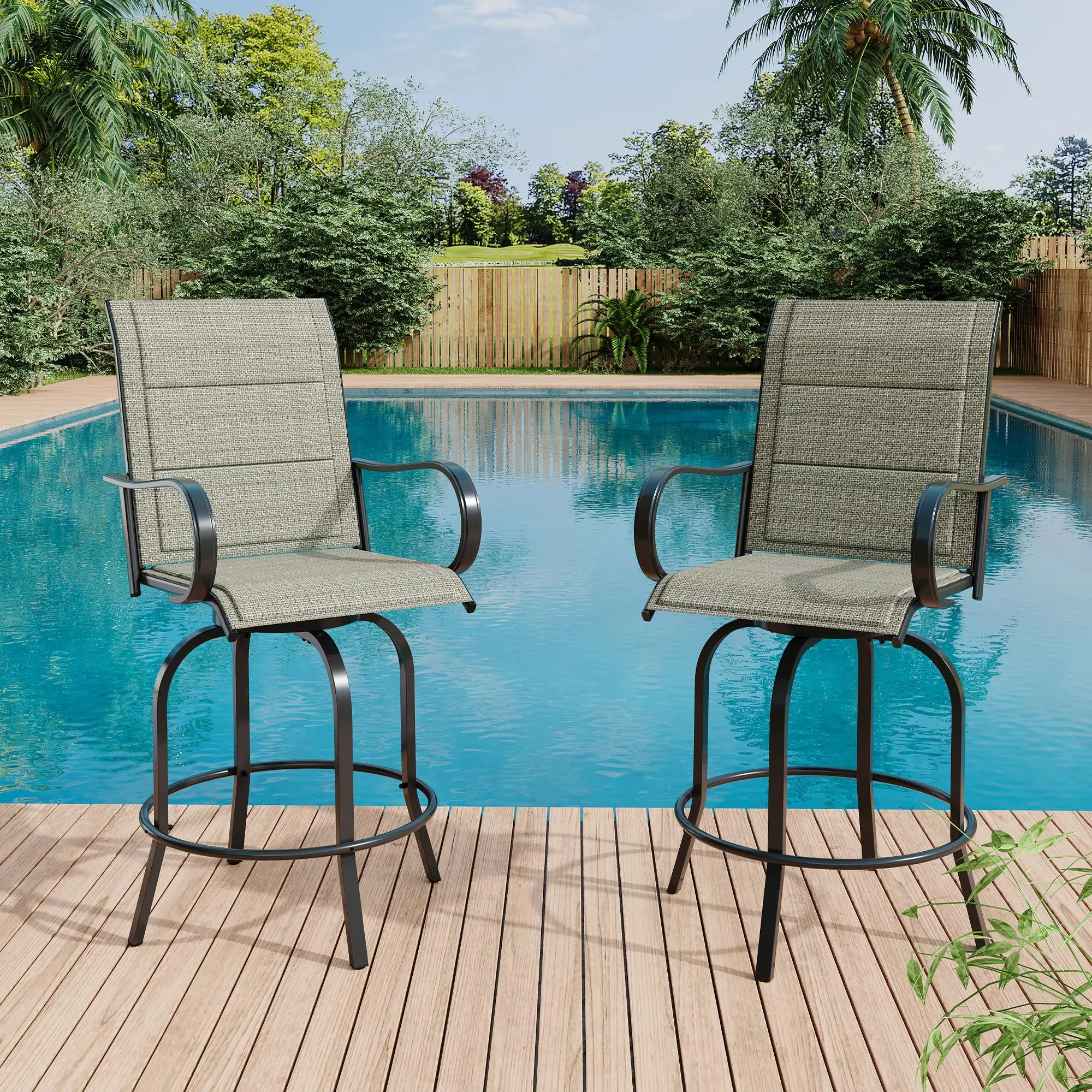Set of 2 360° Swivel Bar Height Outdoor Stools – High Back, Armrests & Durable Textilene – Brown for Patio, Deck, Garden