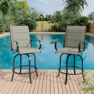 Set of 2 360° Swivel Bar Height Outdoor Stools – High Back, Armrests & Durable Textilene – Brown for Patio, Deck, Garden