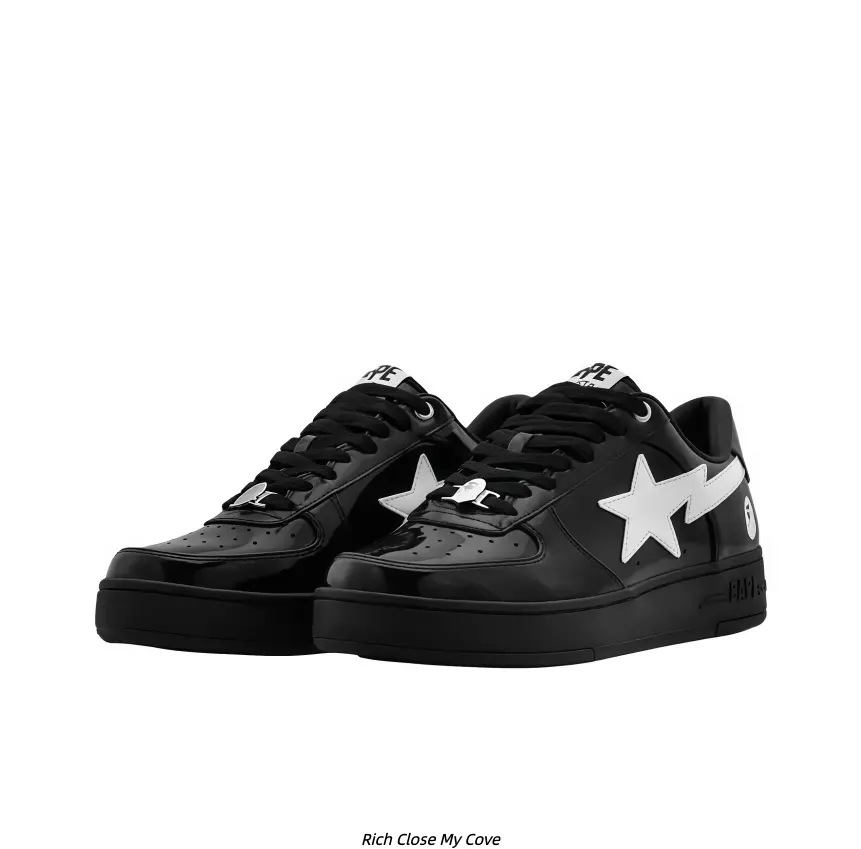 Solid All Black Mirror Gloss PU Casual Low Top Skate Sneakers for Men Women, Black Full Matching Flat Cushion Sole Shock Absorb Non-Slip Rubber Daily Walking Board Shoes