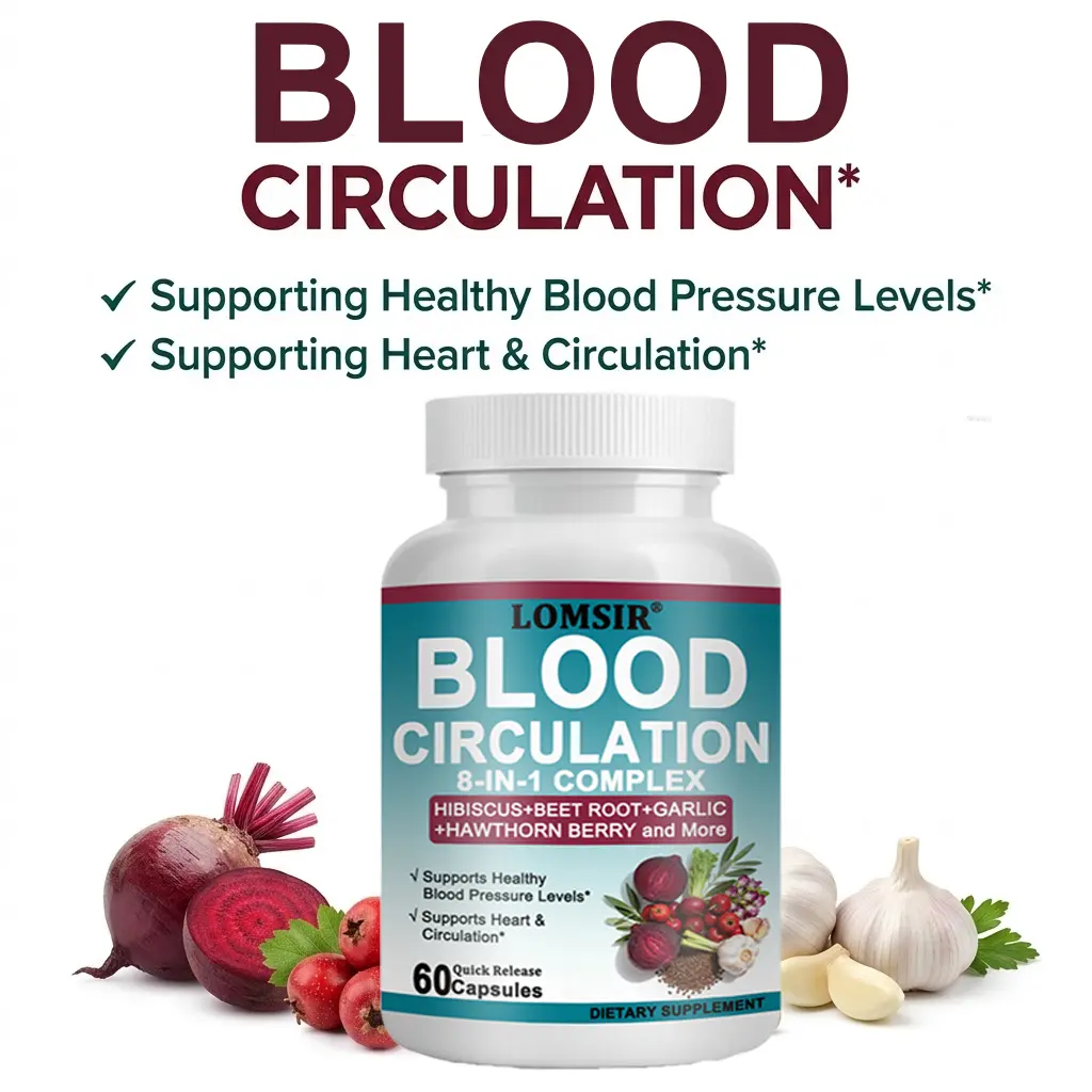 Blood Circulation Supplement - 8-in-1 Beet Root Capsules - for Heart & Blood Pressure, Energy Support - Hawthorn Berry, Hibiscus, Garlic & Grape Seed - 60 Capsules