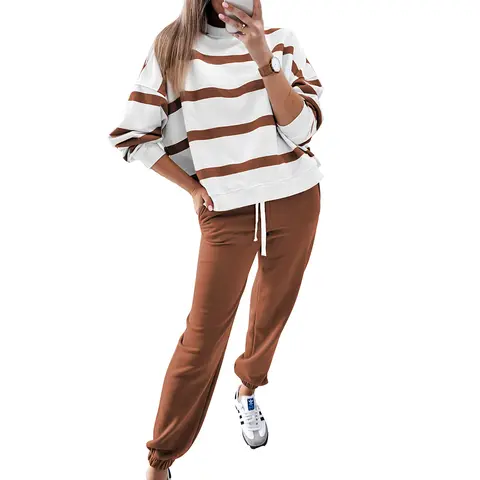 Znacicc Women's 2-Piece Fashion Longsleeves Outfits - Lady's Drop Shoulder Pullover Top & High Waisted Fitted Jogger Pants Set for Everyday Casual Style