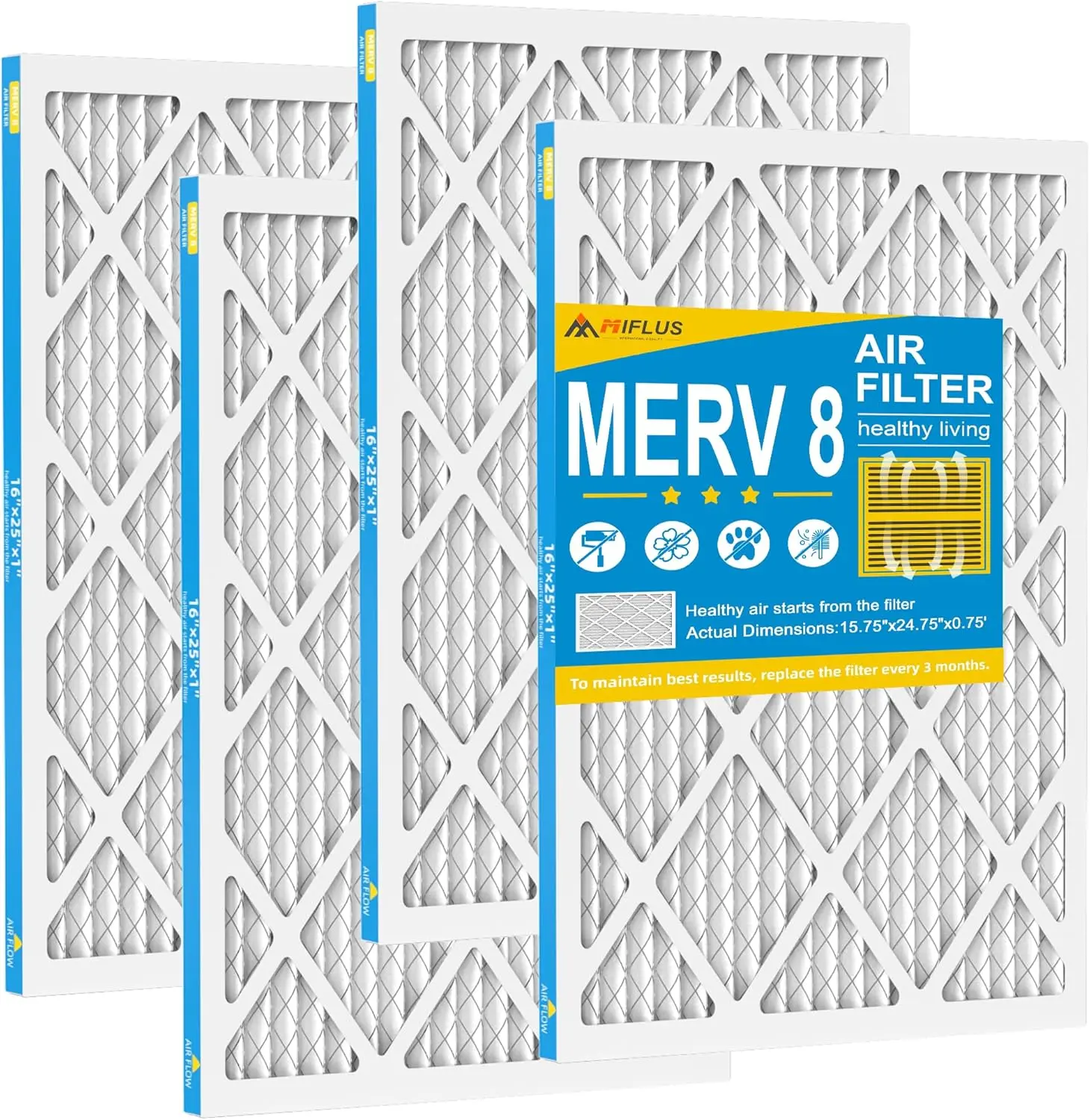 MERV 8 16x25x1 Furnace Air Filter, 4 Pack HVAC Air Filter,Pleated Dust Defense, Long-Lasting flow Performance for Cleaner Indoor Air Filter