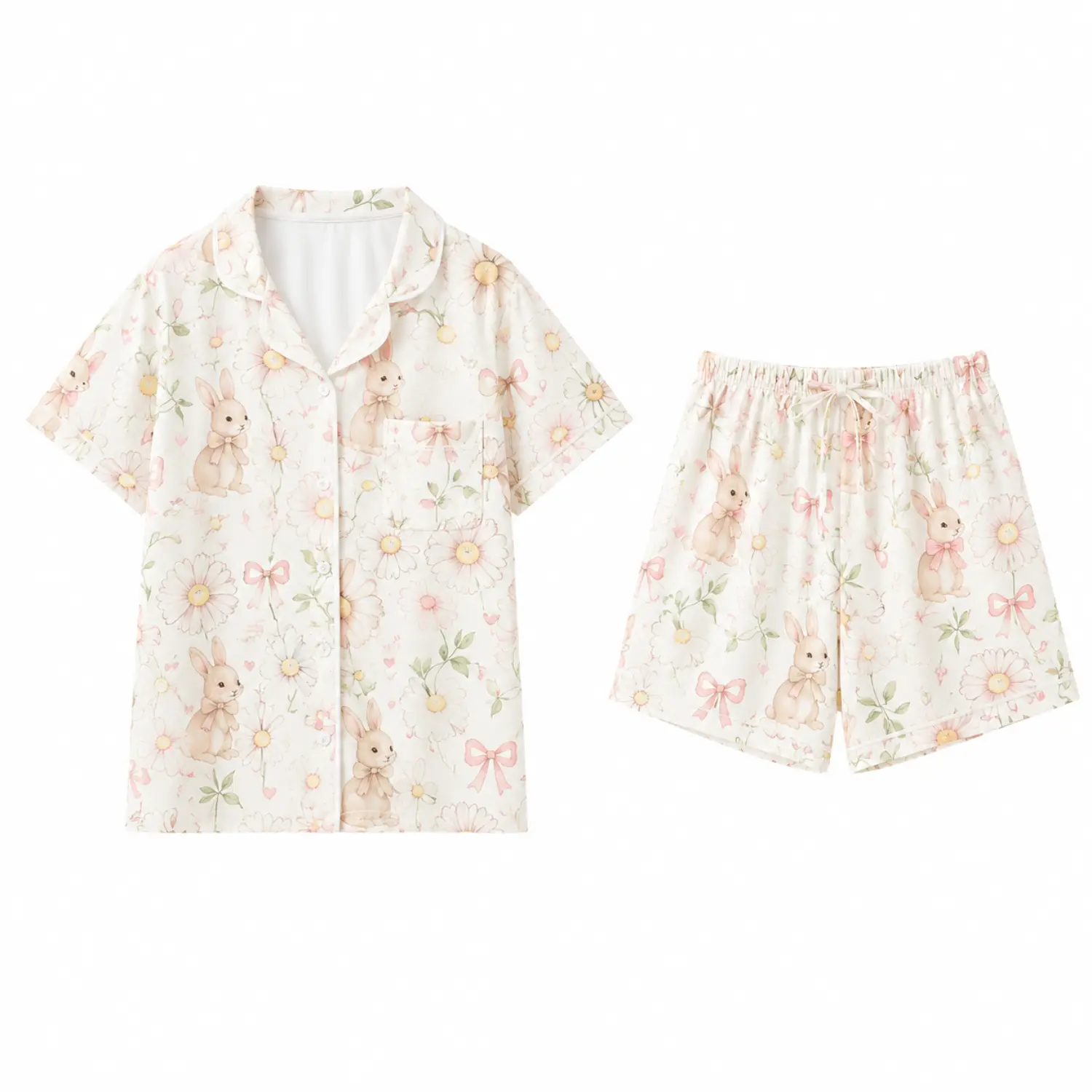 Short Sleeve Bunny Floral Pajama Set, Button Front Collared Top with Chest Pocket and Matching Elastic Waist Shorts for Comfortable Sleepwear