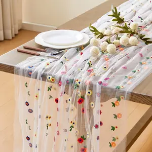 Daisy Pattern Floral Sheer Tablecloth Runner, Perfect for Summer & Fall, Size 120 Inches or 10 Feet, Ideal for Weddings & Parties
