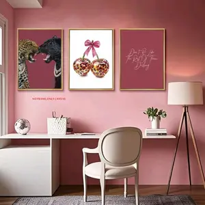 3-Piece Set: Cheetah Aesthetic Canvas Wall Art Fashion College Style Red Bow & Leopard-Print Cherry Poster Motivational Red-Toned Positive Quote Artwork Living Room, Dorm, Bedroom, Bathroom Decorative Art, Frameless, Modern home decor