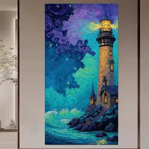 1pcs 5D DIY diamond painting kit, 5D diamond art set, Wall art painting, DIY decoration, lighthouse, waves, starry sky, with full round diamonds DIY, mosaic, diamond art, DIY home decoration, suitable for Halloween and Christmas
